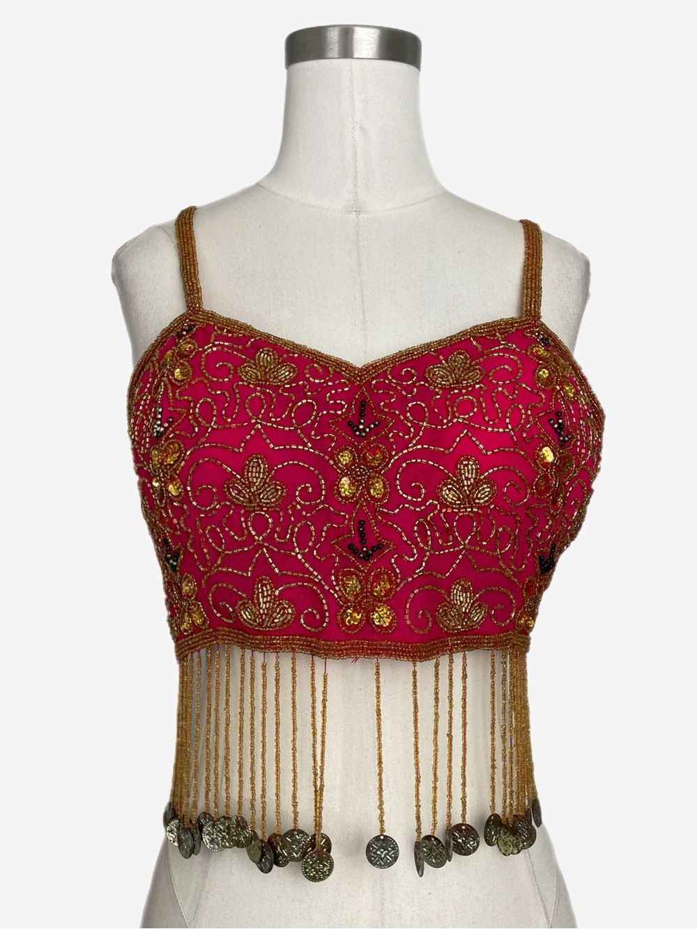 Unbranded Pink floral gold beaded coin fringe bra crop top Bollywood Ibiza L/XL